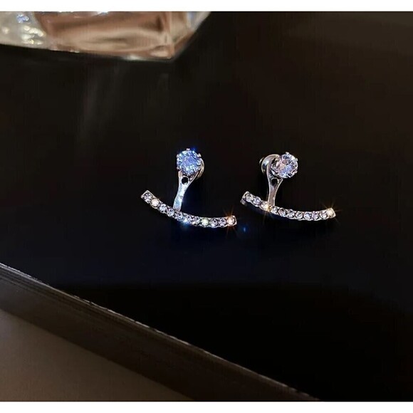 Silver Tone Faux Diamond Studs with Rhinestone Bar - Picture 1 of 7